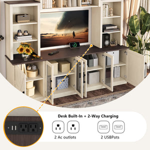 English Elm Wall Unit Entertainment Center with Built in Charging Mdf Media Console Open Shelving Beige W1580S00436