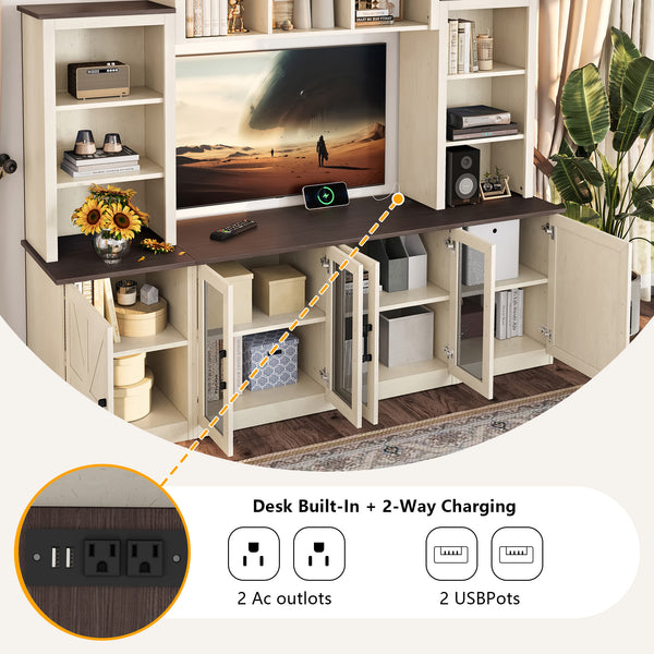 English Elm Wall Unit Entertainment Center with Built in Charging Mdf Media Console Open Shelving Beige W1580S00436