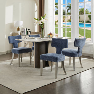 English Elm Mid Mid Century Modern Dining Chair Set with Curved Copper-Nail Backrest, High-Density Foam Seat, Brushed Stainless Legs Blue W1143P314901