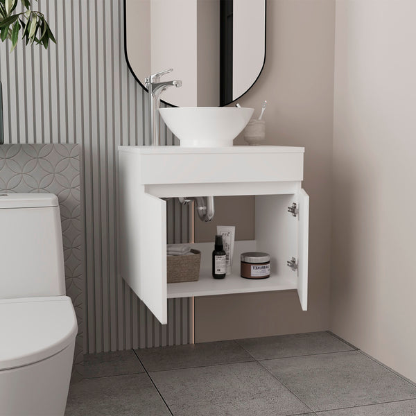 English Elm Vessel Sink Vanity Manchester with Vessel Basin, Two Drawers & Open Shelf, White MDF Storage Stylishly B200P313681
