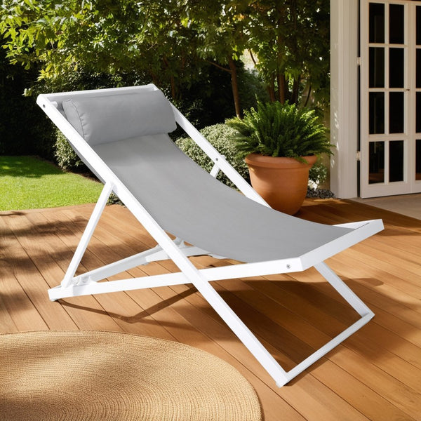 English Elm Velian Foldable Outdoor Patio Aluminum Deck Chair with Gray Textilene Sling & Padded Headrest, UV Resistant B2736P354390