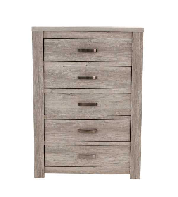 English Elm Bedroom Rustic Light Grey 5-Drawer Chest of Drawers — Compact Pine Storage Cabinet, Simple Stylish Design B011P236771