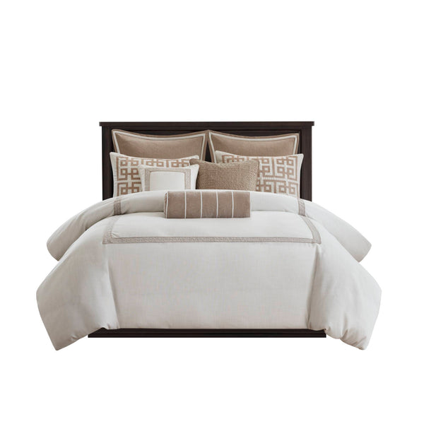 English Elm 8-piece Queen Bedding Set Slub Fabric Embroidery Velvet Accents Boutique Hotel Style Tan+Ivory B035P482955