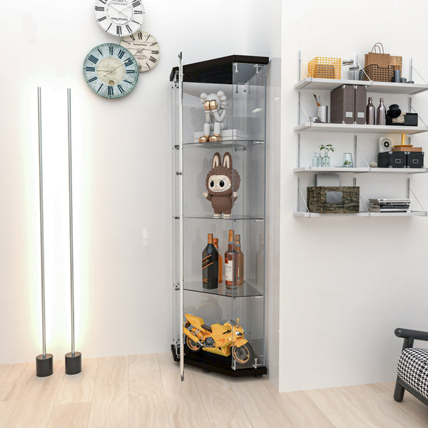 English Elm Glass Pentagon Curio Cabinet Frameless Tempered Shelves Matte Black Living Room Display W1806P476367
