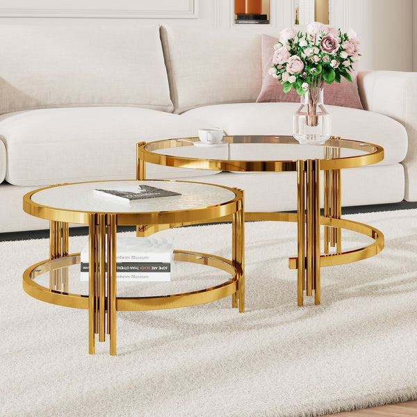English Elm Modern Nesting Coffee Table Set Textured Tempered Glass Gold Tripod Base Living Room N735P354005A