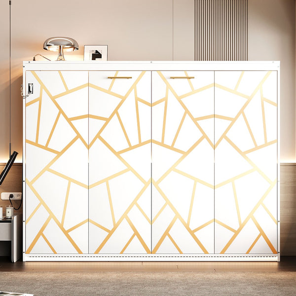English Elm Queen-size Murphy Wall Bed with Led Ambient Lighting Usb Outlet and Graphic Panel White LP000357AAK