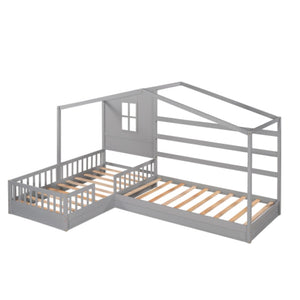 English Elm Wood House Bed L Shaped Twin Frame Solid Pine Kids Bedroom with Fence Rail Slats LP001345AAE