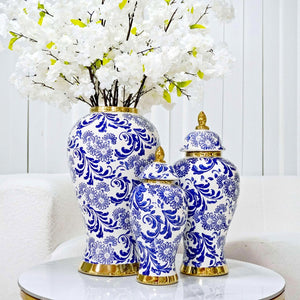 English Elm White Ceramic Ginger Jar Vase With Removable Lid, Blue & Gold Accents For Elegant Home Décor B030P243615-GIGA
