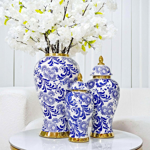 English Elm White Ceramic Ginger Jar Vase With Removable Lid, Blue & Gold Accents For Elegant Home Décor B030P243615-GIGA