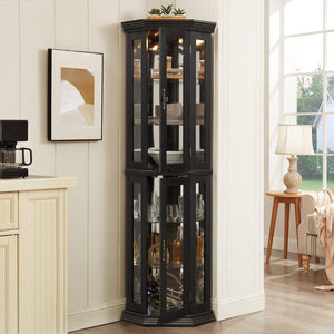 English Elm Lighted Corner Curio Cabinet with Led Glow Tempered Glass Shelves and Mirrored Back W2275P292643