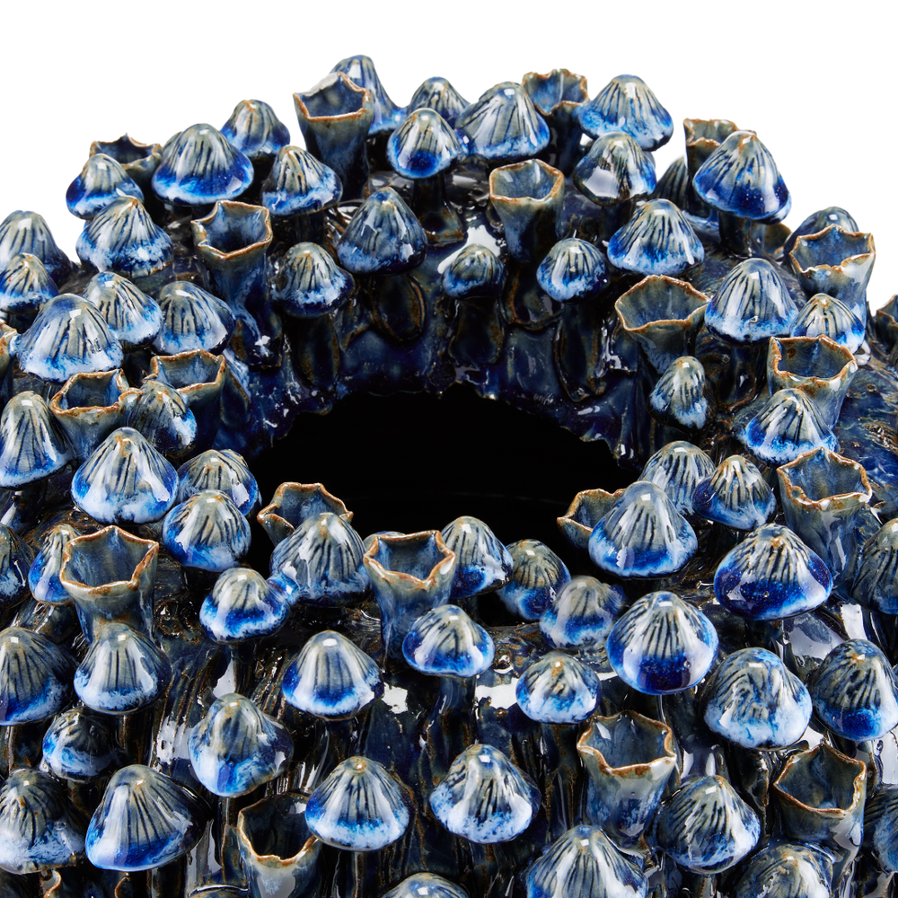 Manitapi Small Blue Vase - Handcrafted Black Terracotta with Stunning Bell-Shaped Flowers Decor