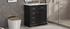 English Elm 36-Inch Modern Bathroom Vanity with Ceramic Basin, 4 Drawers & Soft-Close Door, Pre-Drilled Faucet Ready, Durable MDF and Solid Wood Construction (36"L x 18.3"W x 33.4"H) Black N725P296118B