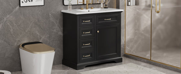 English Elm 36-Inch Modern Bathroom Vanity with Ceramic Basin, 4 Drawers & Soft-Close Door, Pre-Drilled Faucet Ready, Durable MDF and Solid Wood Construction (36"L x 18.3"W x 33.4"H) Black N725P296118B
