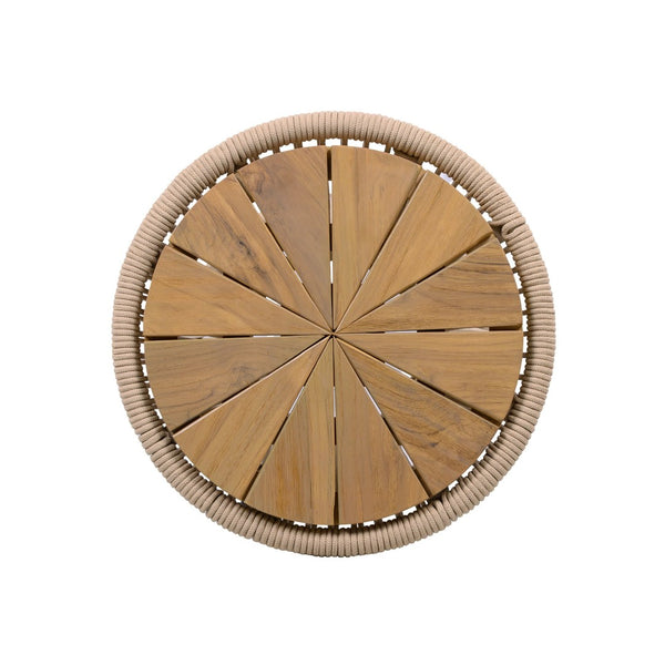English Elm Outdoor Acacia Wood Top Side Table Woven Rope Iron Frame Hourglass Patio Accent Beige,Light Teak N770P354691L