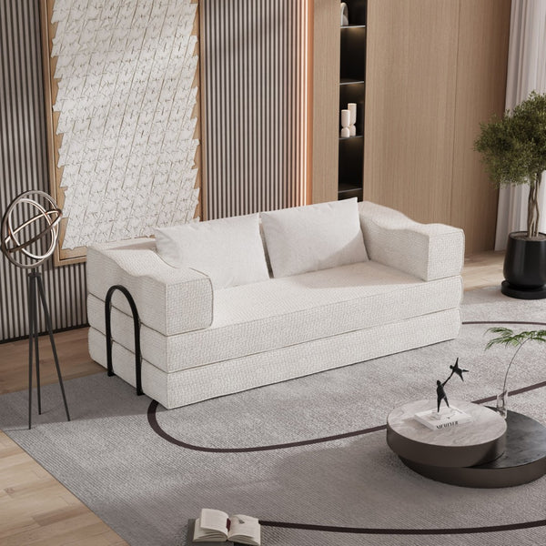 English Elm 80" Chenille Folding Floor Sofa Converts to King Sleeper with Modular Repositionable Arms Beige+White W1885P204171