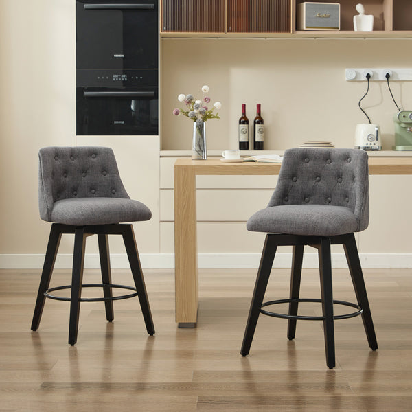 English Elm 007-360° Swivel Bar Stools Set of 2 25" Counter Height Linen Tufted Back Solid Wood Frame Durable Upholstery Dark Gray W2636P242117