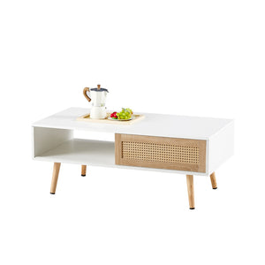 English Elm 41.34" Rattan Panel Coffee Table with Sliding Storage Door and Solid Wood Legs W1265107718