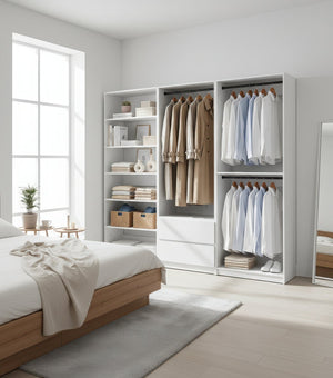 English Elm Prosper White Freestanding Walk In Wood Closet System – Durable Melamine Oak Finish, Modular Storage B040S00145