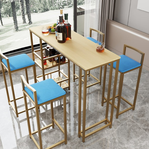 English Elm Bar Table and Four Cushioned Chairs Gold Iron Frame with Built-in Shelf Coastal Style W3064P245382