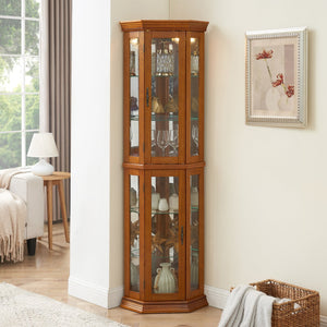 English Elm Corner Curio Cabinet with Lighted Top, Mirrored Back, Tempered Glass Shelves, Walnut Finish Elegance Oak W1693P165016