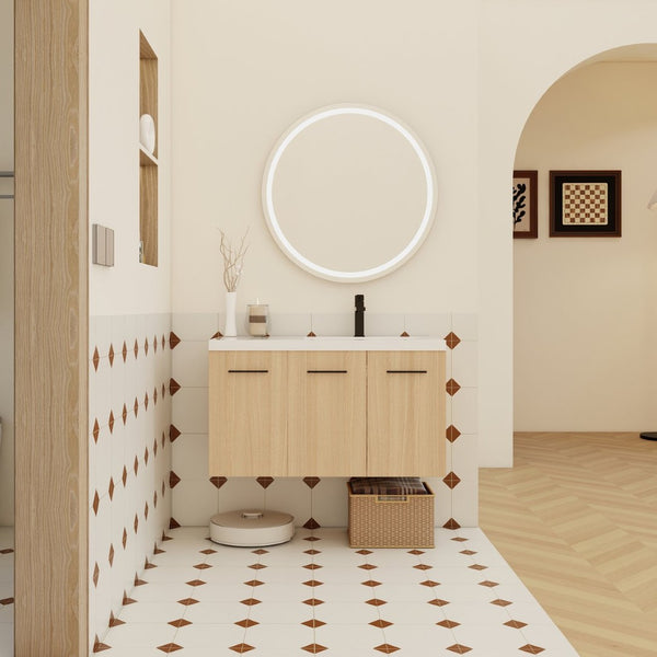 English Elm 36" Floating Bathroom Vanity Light Oak Modular Cabinet with Gel Coat Integrated Sink W3450S00082