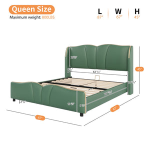 English Elm Christopher Knight Home® - Queen Plush Leather Upholstered Bed Frame with Wingback Headboard, Wavy Footboard, Quiet Support Dark Green 85.2 L x 9.8 W x 3.25 H N761S0000016F