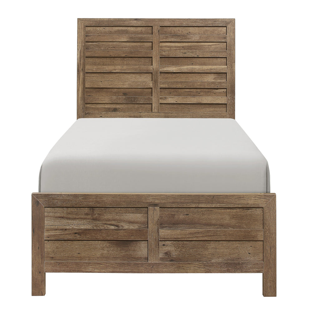 English Elm Weathered pine full bed with modern linear headboard and rustic faux wood veneer for cozy charm Brown Mix 45 L x 36.5 W x 5.25 H B011S01798