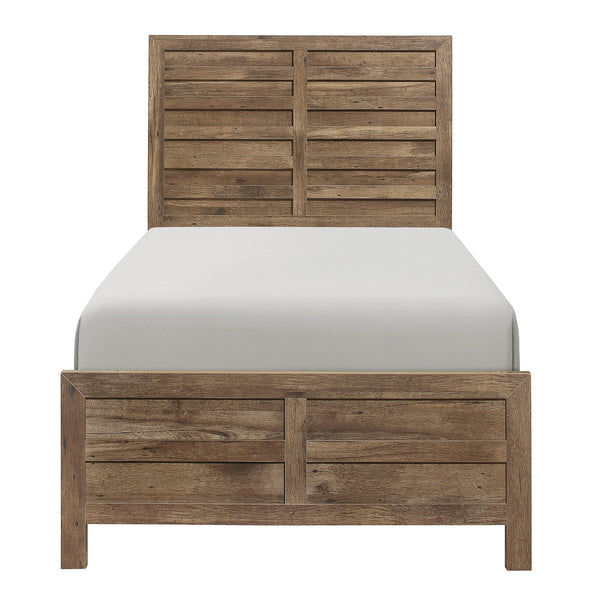 English Elm Weathered pine full bed with modern linear headboard and rustic faux wood veneer for cozy charm Brown Mix 45 L x 36.5 W x 5.25 H B011S01798