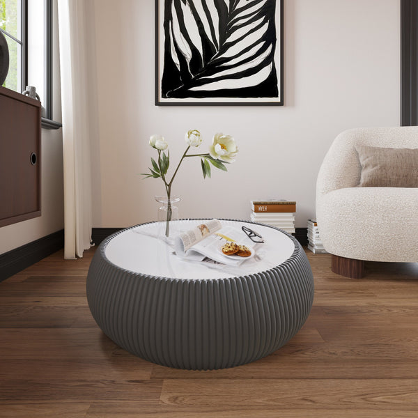 English Elm Light Marble Top Drum-Shaped Leather Coffee Table – Modern Elegance For Living Room And More! W3081P367628