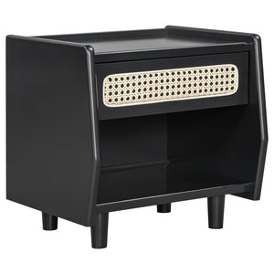 English Elm Black Rattan Panel Nightstand with Open Shelf Drawer Mdf Modern Bedroom Storage N770P374577B