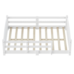 English Elm Full Montessori Pine Wood Floor Bed with Safety Rails Low Profile Kids Room Frame White N733P400299K