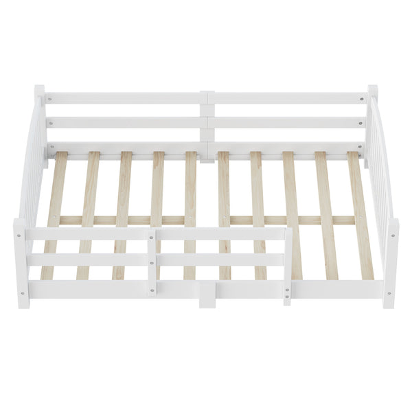 English Elm Full Montessori Pine Wood Floor Bed with Safety Rails Low Profile Kids Room Frame White N733P400299K