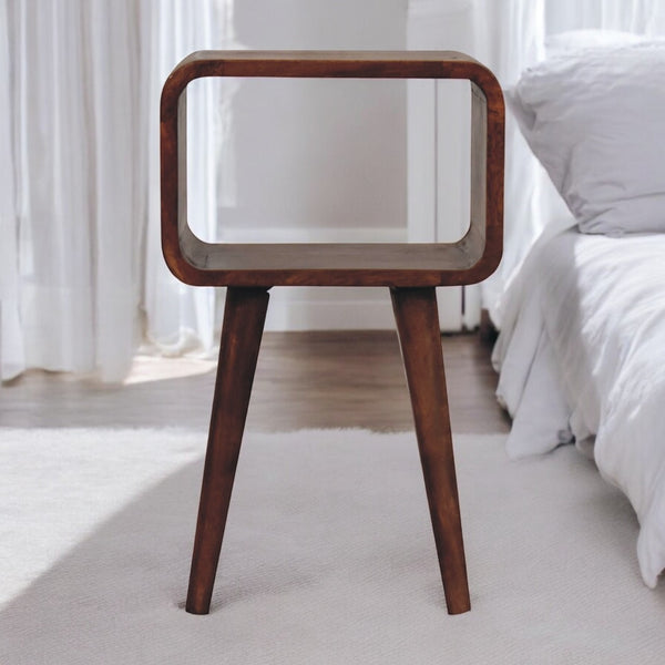 English Elm Solid Mango Wood Curved Nightstand with Open Shelf and Tapered Legs for Modern Bedrooms B182P279229