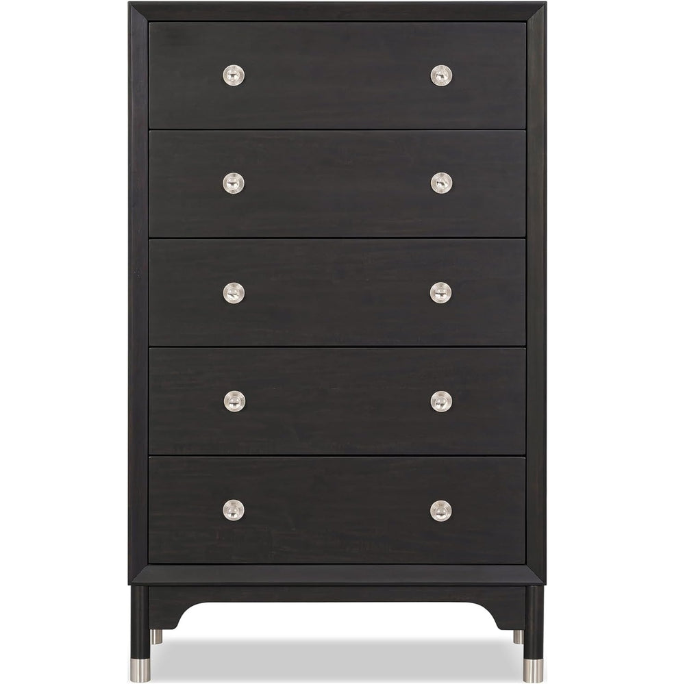 English Elm 1pc Mid-century Five-drawer Tall Chest Walnut Veneer Black Matte Finish Silver Legs B2741P446689
