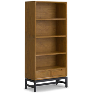 English Elm Banting Mid Century Bookcase – Solid Rubberwood Brown with Metal Base, Adjustable Shelves & Drawers B136P238610