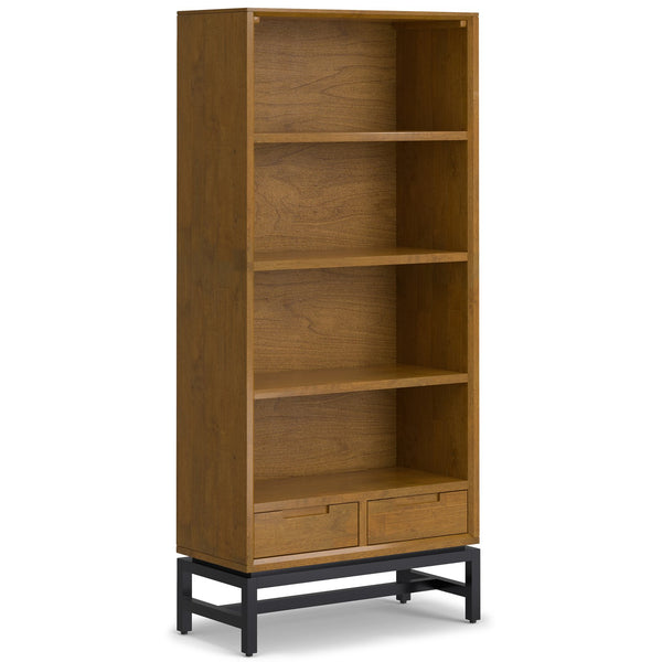 English Elm Banting Mid Century Bookcase – Solid Rubberwood Brown with Metal Base, Adjustable Shelves & Drawers B136P238610