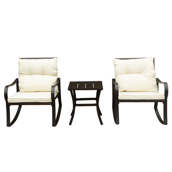 English Elm Metal Outdoor 2-Person Rocking Patio Set with Handwoven Wicker, Plush Cushions & Sturdy Table White W1859P399563