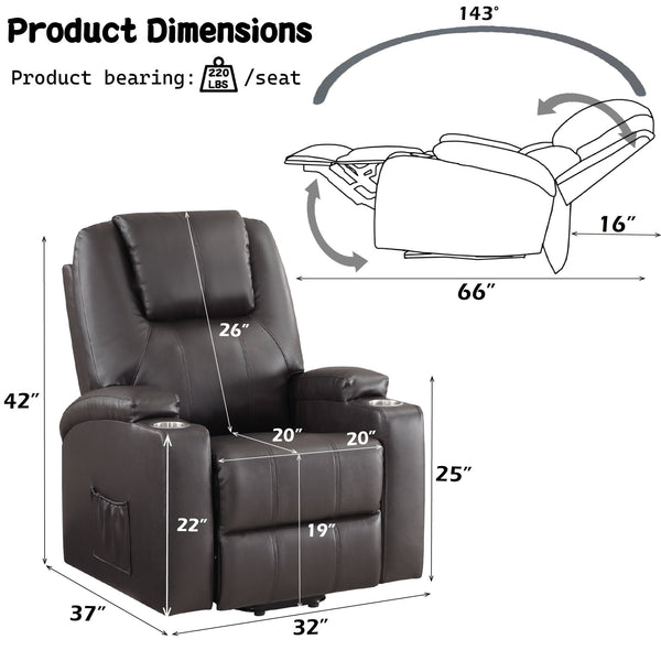 English Elm Brown Leather Recliner Aire with Power Lift, Massage, Dual Cup Holders, Pocket Coil Comfort B2726P405704