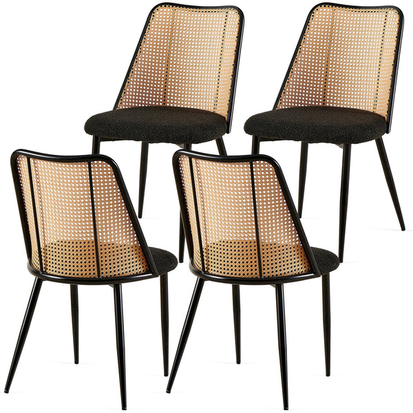 English Elm Black Rattan Dining Chairs Set Of 4 - Chic Boucle Upholstered Seating With Cane Back For Versatile Style W1164P218675