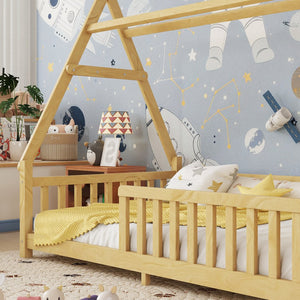 English Elm Twin Montessori Floor Bed House Frame with Led Lighting and Safety Rails for Kids Natural W2593P440573