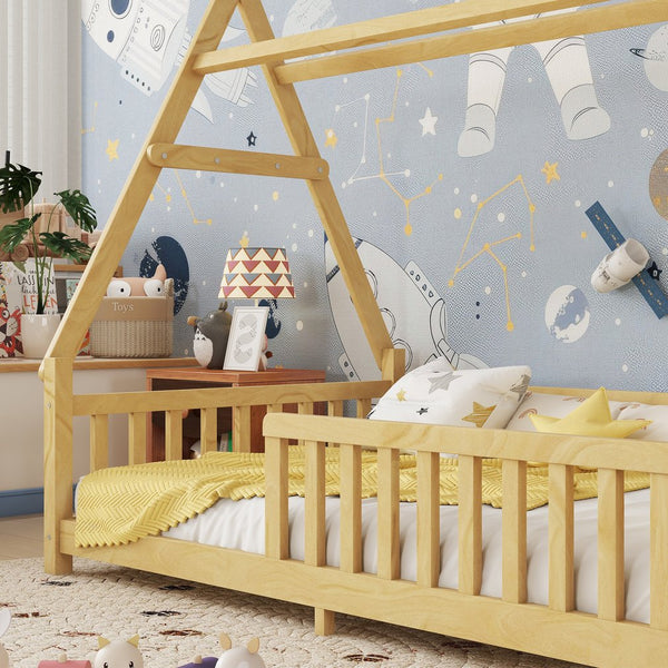 English Elm Twin Montessori Floor Bed House Frame with Led Lighting and Safety Rails for Kids Natural W2593P440573