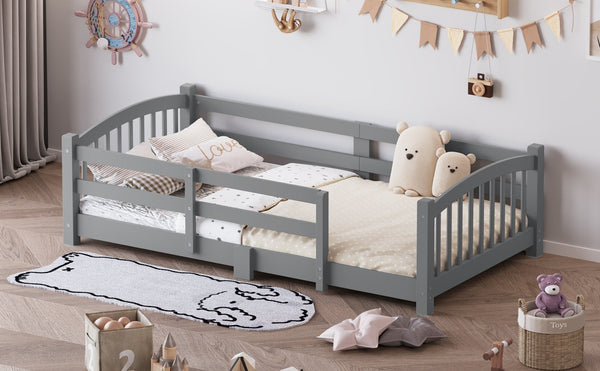 English Elm Twin Montessori Floor Bed Solid Pine Frame with Safety Guardrails for Kids Bedroom Gray N733P400298E