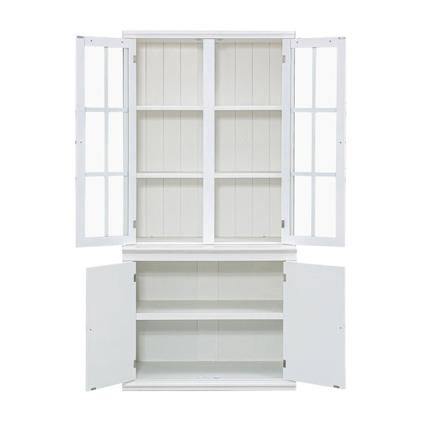 English Elm 75.25''H Retro Farmhouse Display Cabinet with Glass & Solid Doors, Adjustable Shelves, White Storage Elegance SN845P263124W