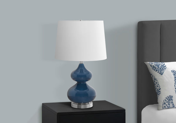 English Elm Lighting, Blue Glass Double Gourd Table Lamp with Ivory Shade for Bedside Ambiance B2710P221324