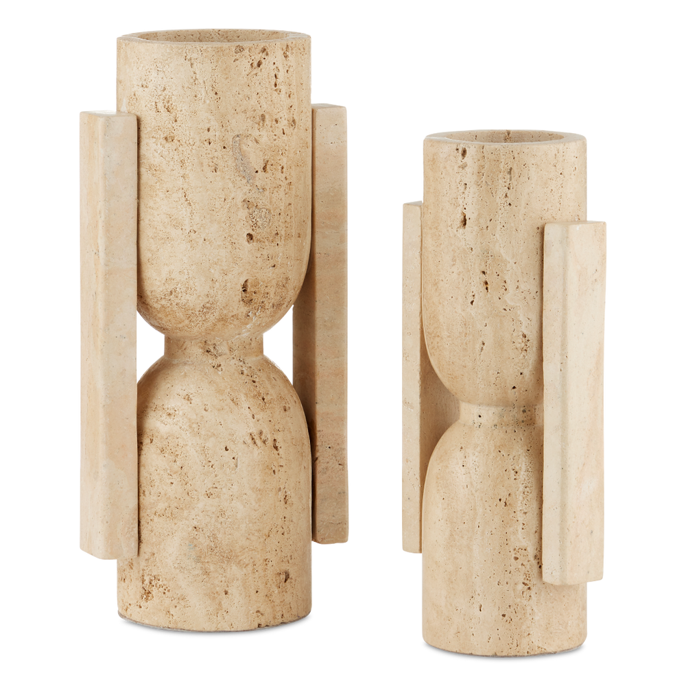 Stone Vase Set of 2 - Hand-Carved Modern Brutalist Sculptures in Natural Travertine Finish