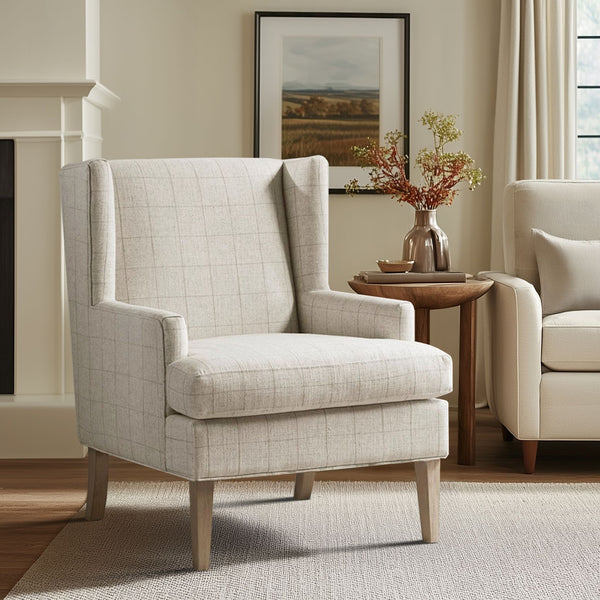 JLA Home Martha Stewart - Plaid Wingback Armchair in Windowpane Plaid Upholstery, Removable T-Cushion, Tapered Wood Legs MT100-0001
