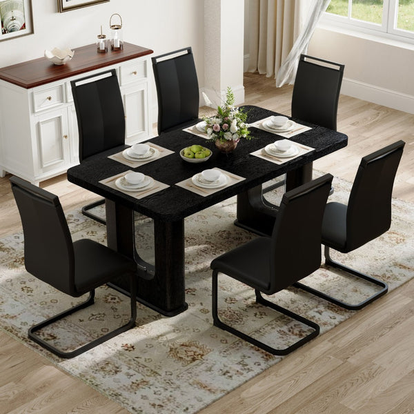 English Elm Table 7-Piece Dining Set: Stylish Black Wood & Glass Finish With 6 Comfortable Pu Chairs & Arched Legs W1151S04305-GIGA