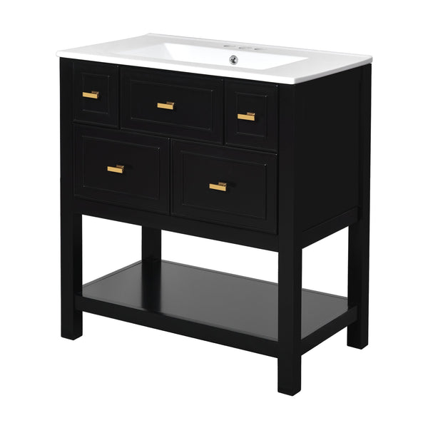 English Elm 60'' Elegant Freestanding Bathroom Vanity Set With Ceramic Sink, Solid Wood Frame & Ample Storage N710SS00004B