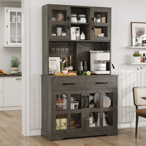 English Elm Pantry Hutch with Fluted Mdf Panels Charging Station Pegboard and Open Shelving T3773P416041