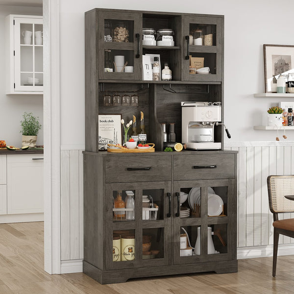 English Elm Pantry Hutch with Fluted Mdf Panels Charging Station Pegboard and Open Shelving T3773P416041